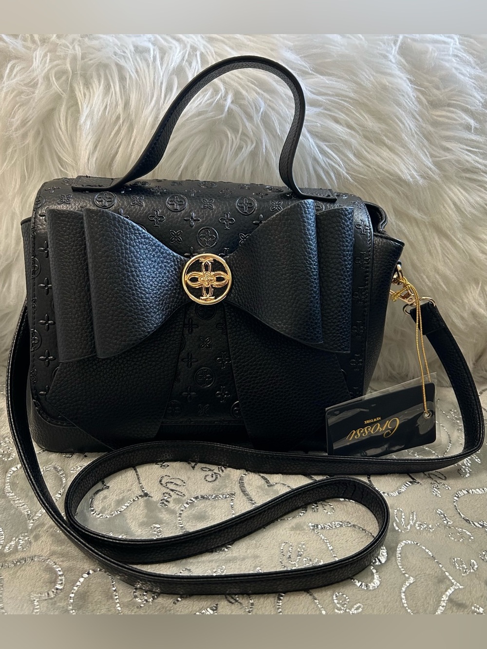 NWT Crossi Small Black Bow-Accent Top-Handle Crossbody Bag